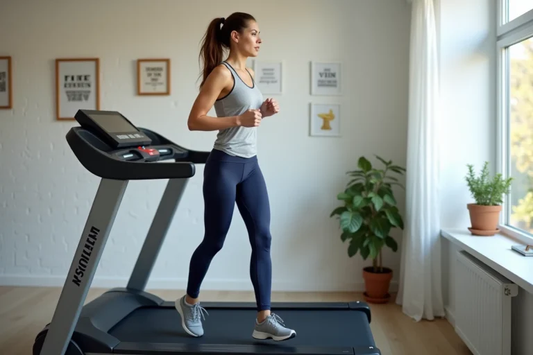 Femme en train de courir sur un tapis de course Sportstech F17 dans une salle de sport à domicile moderne