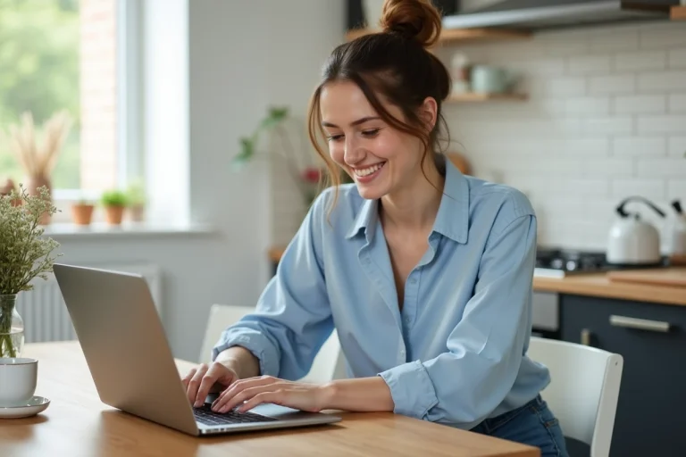 Jeune femme souriante à la maison avec ordinateur et café