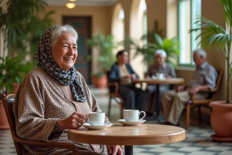 Femme âgée marocain sirotant thé à la menthe dans un salon