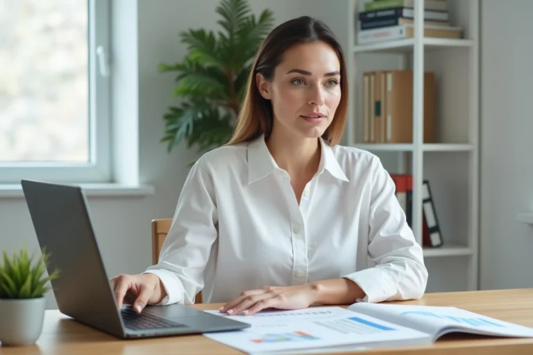 Femme indépendante financièrement consultant ses finances sur un ordinateur portable dans un bureau minimaliste