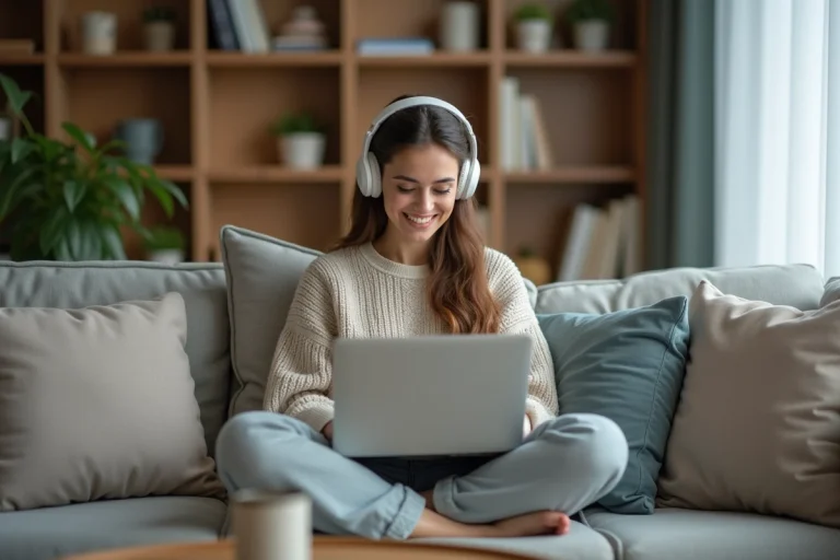 Jeune femme en loungewear regardant streaming avec sourire