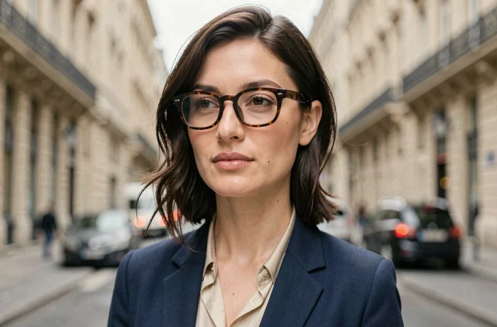 Femme élégante portant des lunettes françaises en acétate écaille de tortue dans une rue parisienne haussmannienne