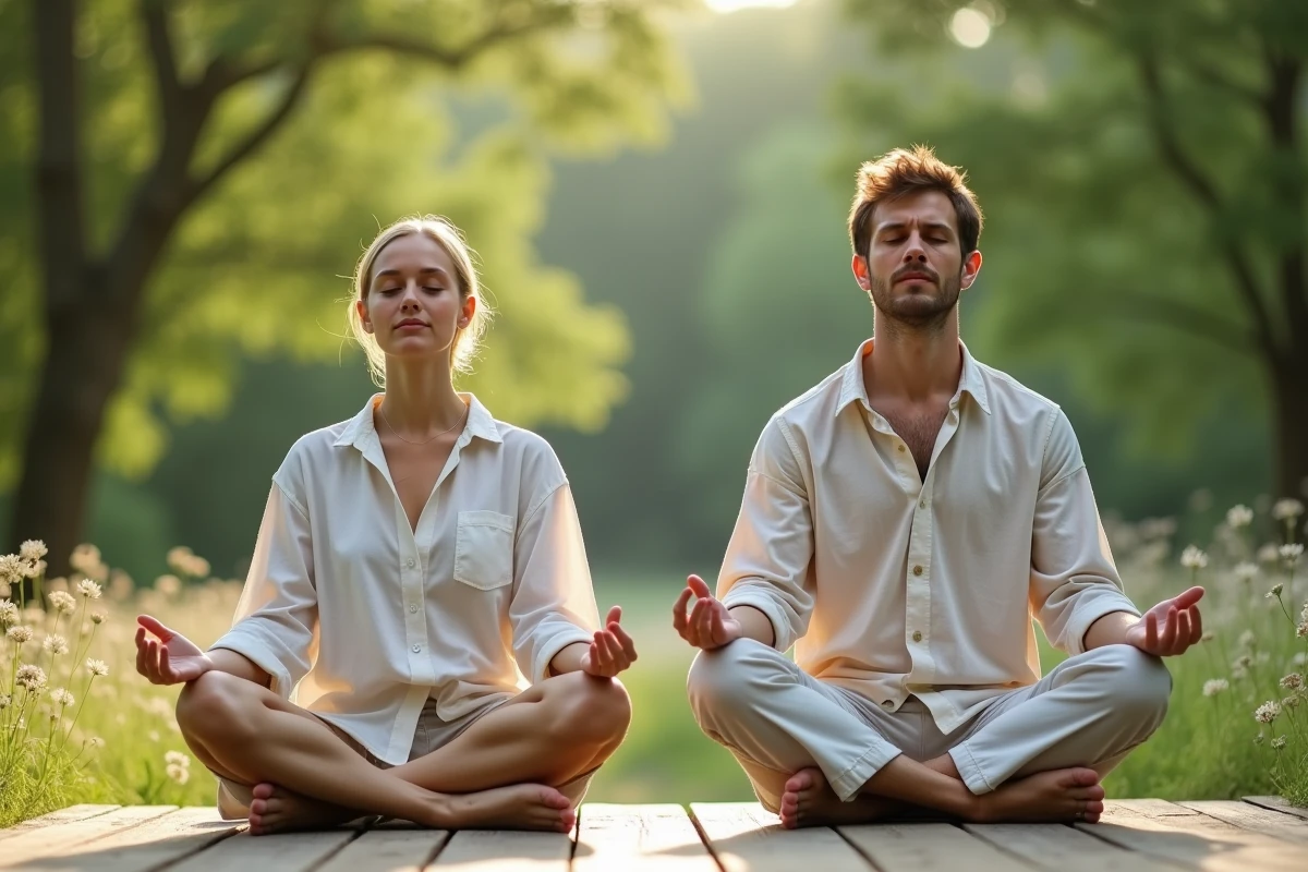 Femme et jeune homme méditant en plein air dans la nature