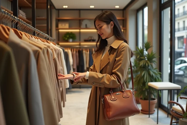 Femme élégante en manteau camel feuilletant des vêtements dans une boutique de mode parisienne