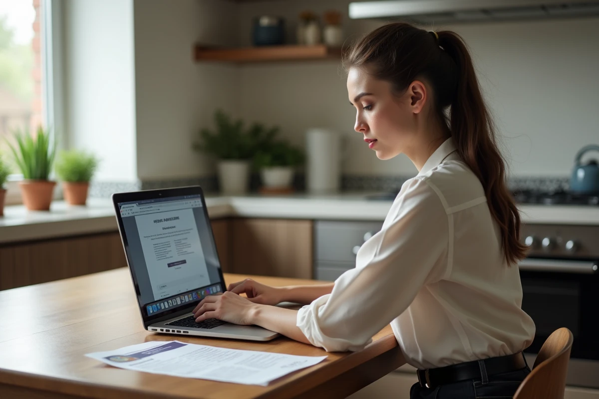Jeune femme utilisant ordinateur dans cuisine moderne