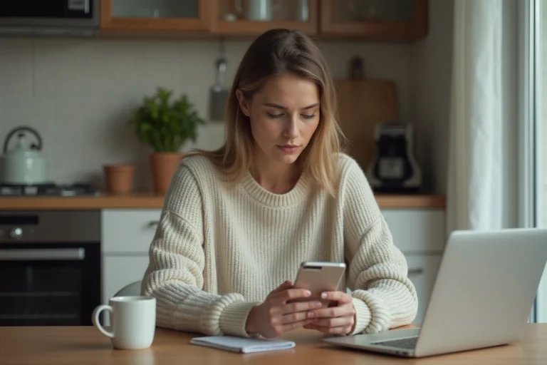 Jeune femme avec ordinateur dans cuisine moderne