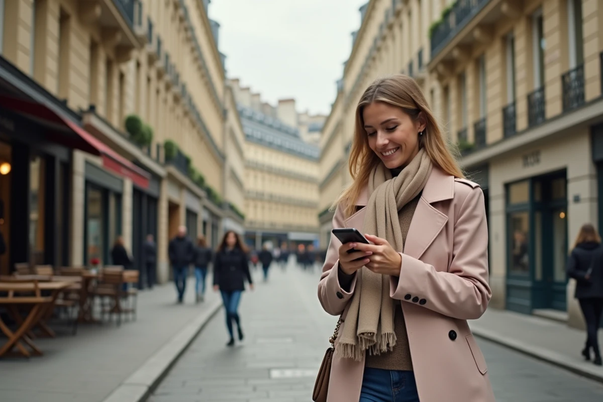 Jeune femme parisienne marchant dans une rue printaniere