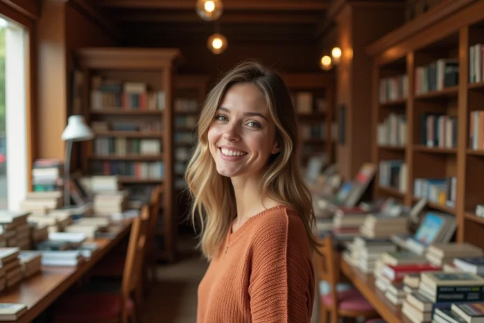 Femme française souriante et cultivée dans une librairie parisienne, évoquant les personnalités féminines admirées en France en 2025