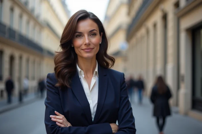 Femme française élégante et confiante dans une rue parisienne, illustration de la femme préférée des Français 2025