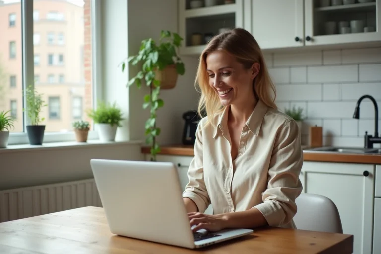 Femme consultant des annonces immobilières sur un ordinateur portable dans une cuisine moderne