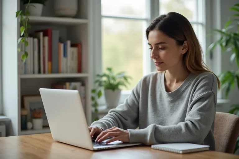 Femme consultant des annonces immobilières en ligne sur un ordinateur portable dans un bureau à domicile