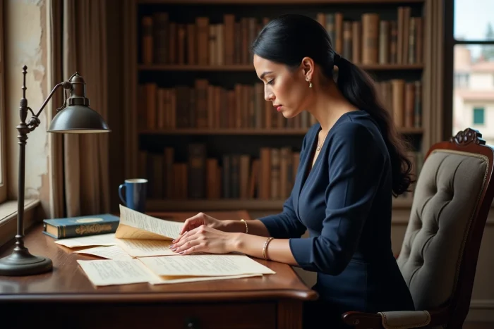 Femme élégante consultant des lettres et documents anciens dans un bureau à l'ancienne, symbolisant la recherche des origines et de l'héritage familial