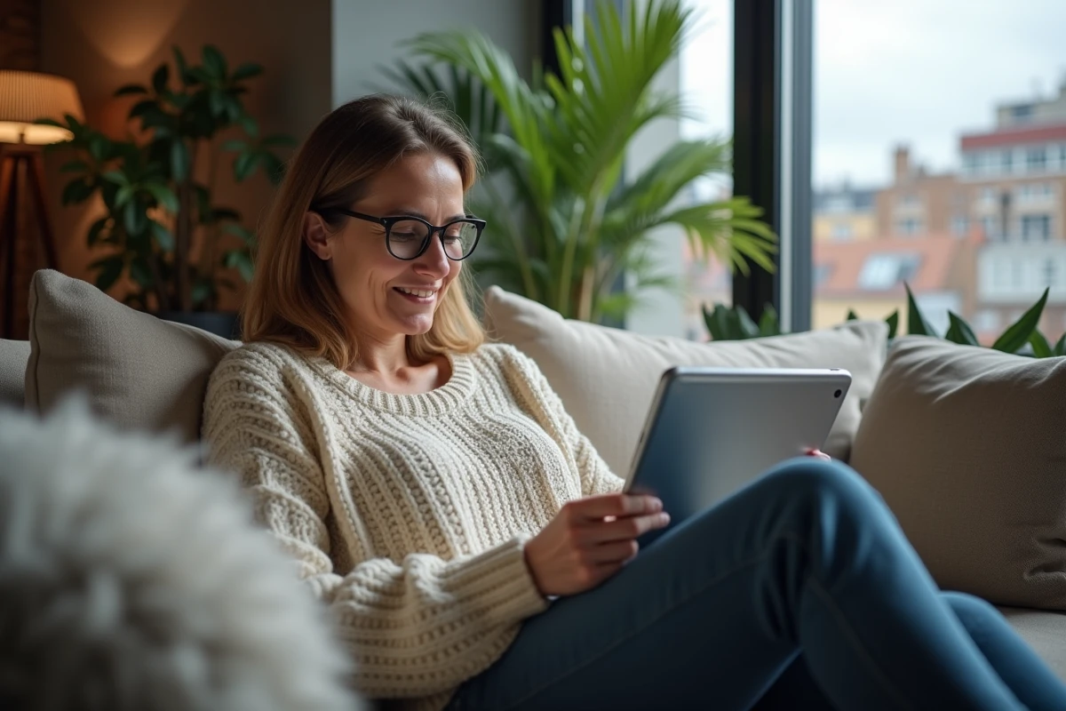 Femme relaxant avec une tablette dans un salon moderne