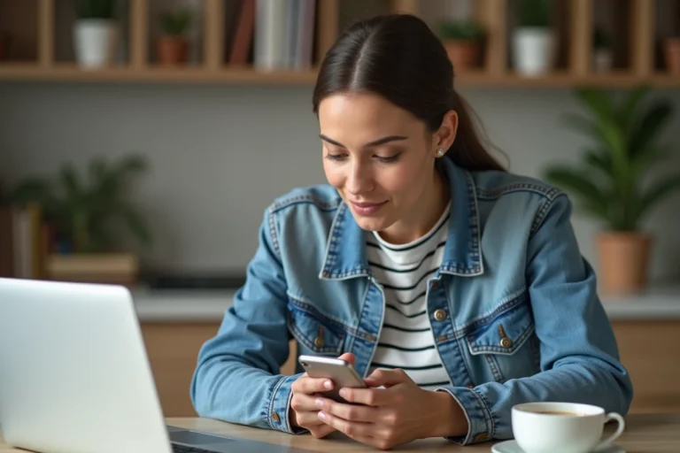 Femme en cuisine avec smartphone et ambiance chaleureuse