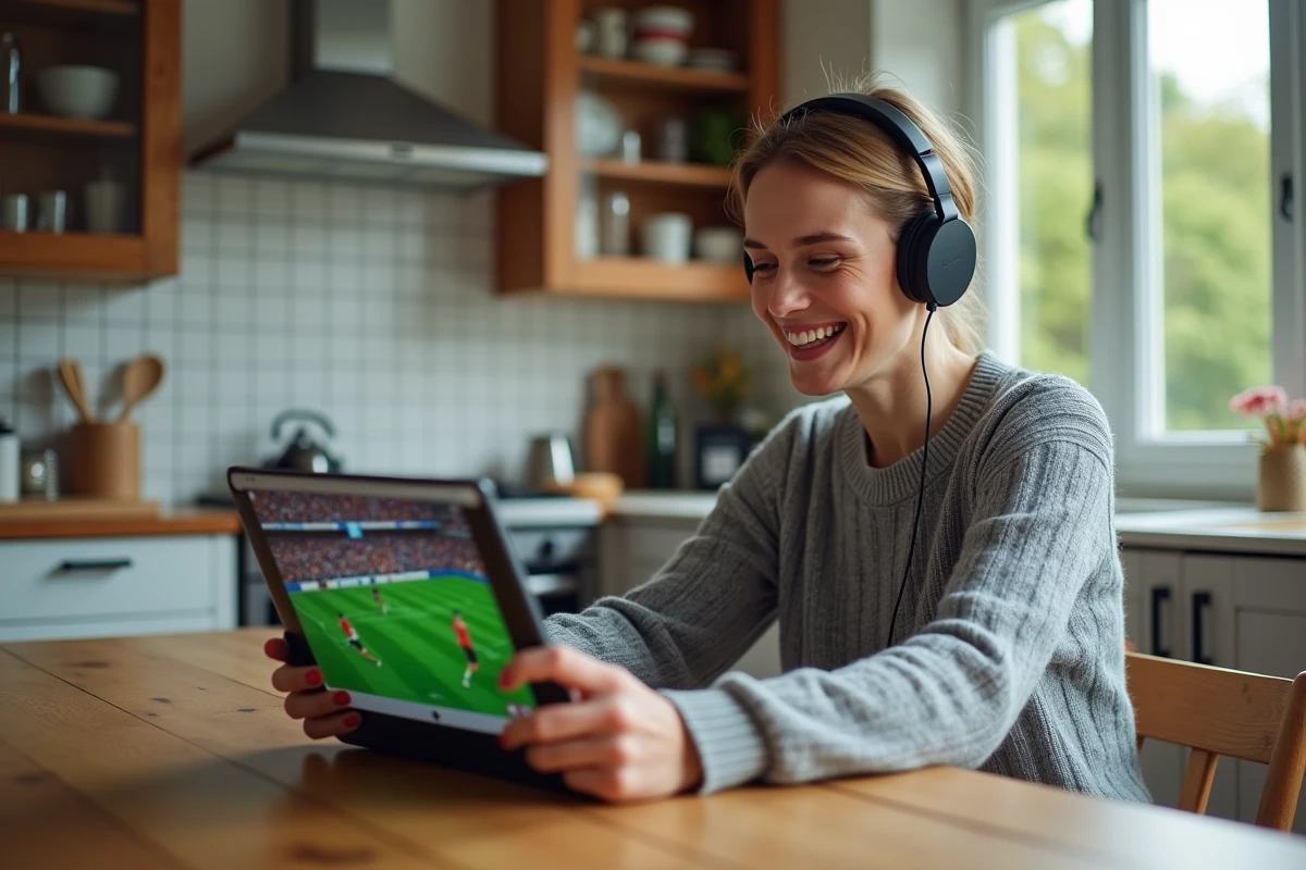 Femme souriante regardant un stream de football sur tablette