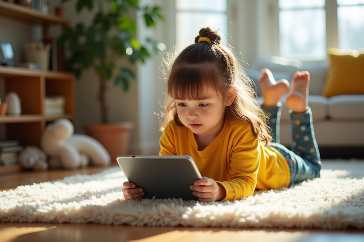 Jeune fille jouant avec une tablette dans un salon lumineux