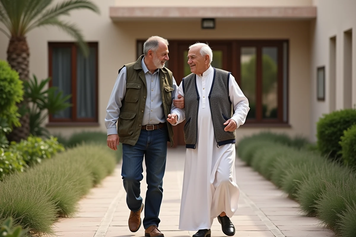 Fils aidant son père dans une résidence marocaine moderne