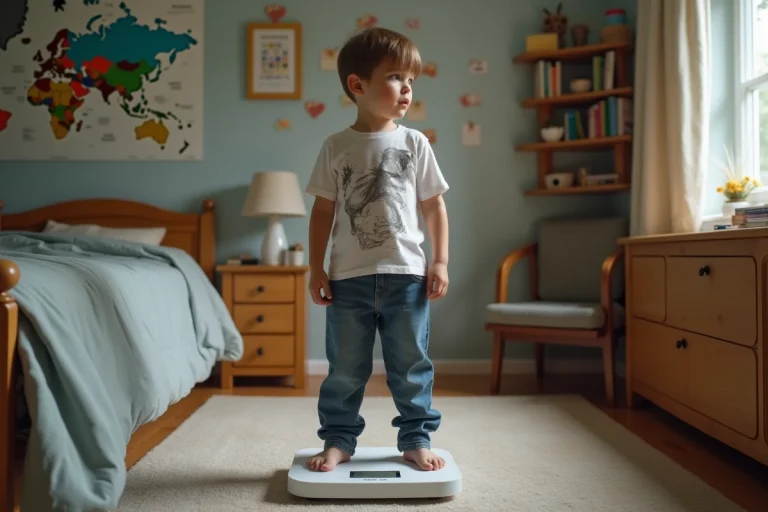 Garçon de 11 ans sur la balance dans sa chambre chaleureuse