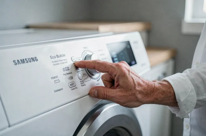 Gros plan sur la main d'un homme appuyant sur le bouton de réinitialisation du panneau de contrôle d'un lave-linge Samsung Eco Bubble