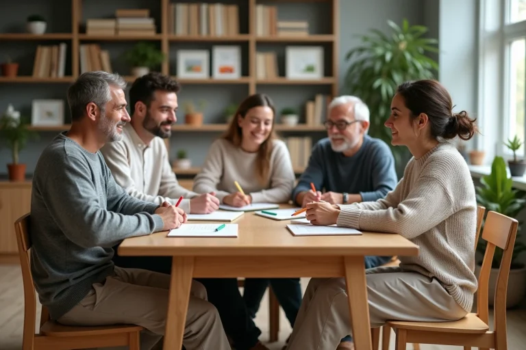 Groupe divers d'adultes en salle de bien-être en train d'apprendre
