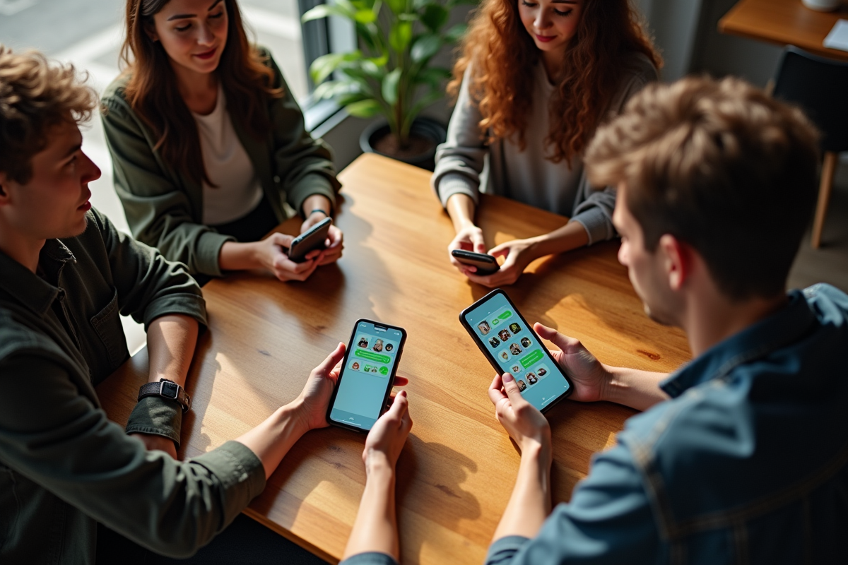 Groupe de personnes avec vieux mobiles affichant des icônes de messagerie
