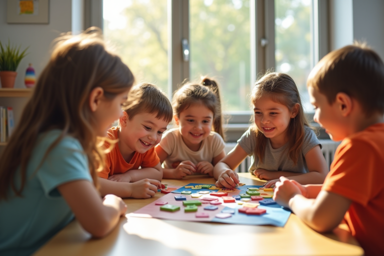 Enfants jouant à un jeu éducatif avec des lettres colorées