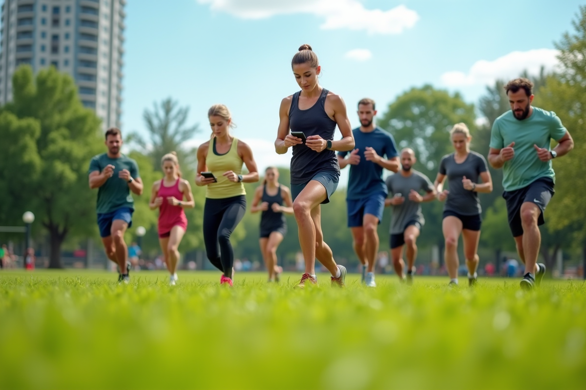 Groupe en entraînement en plein air avec smartphones et montres connectées