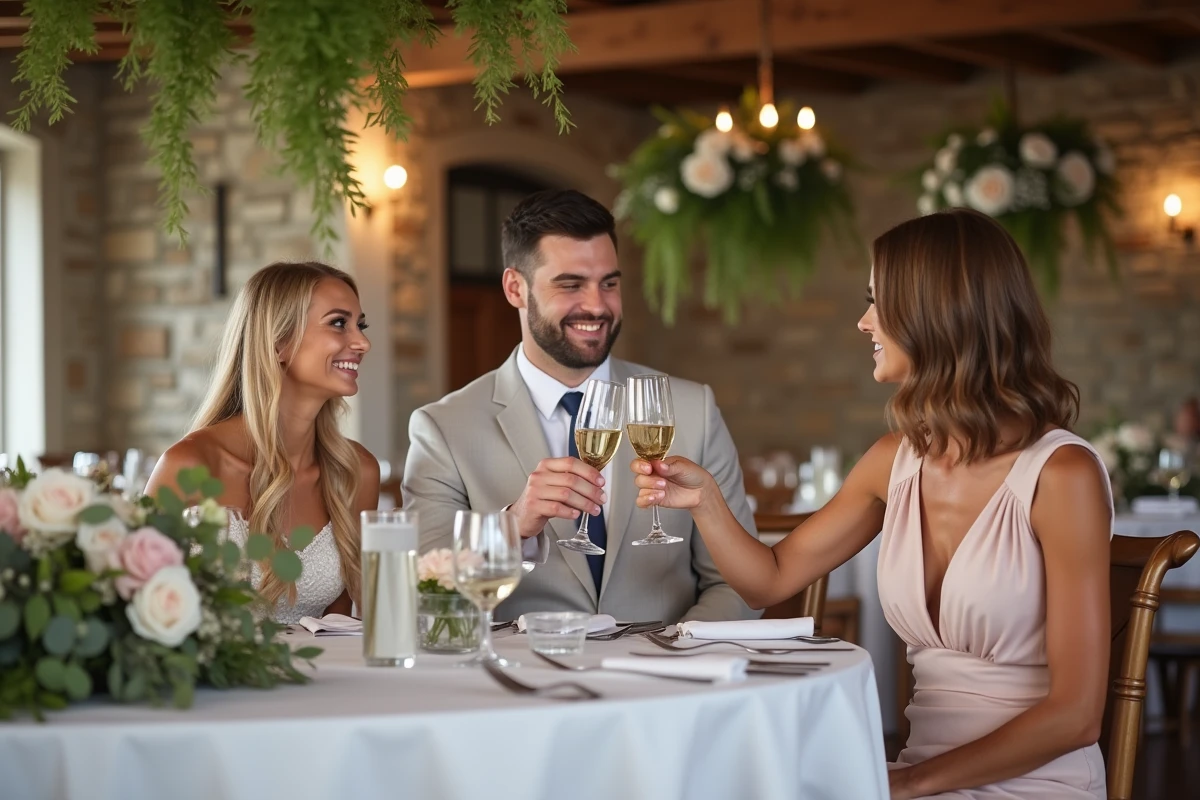Invités de mariage trinquant à une réception élégante en intérieur