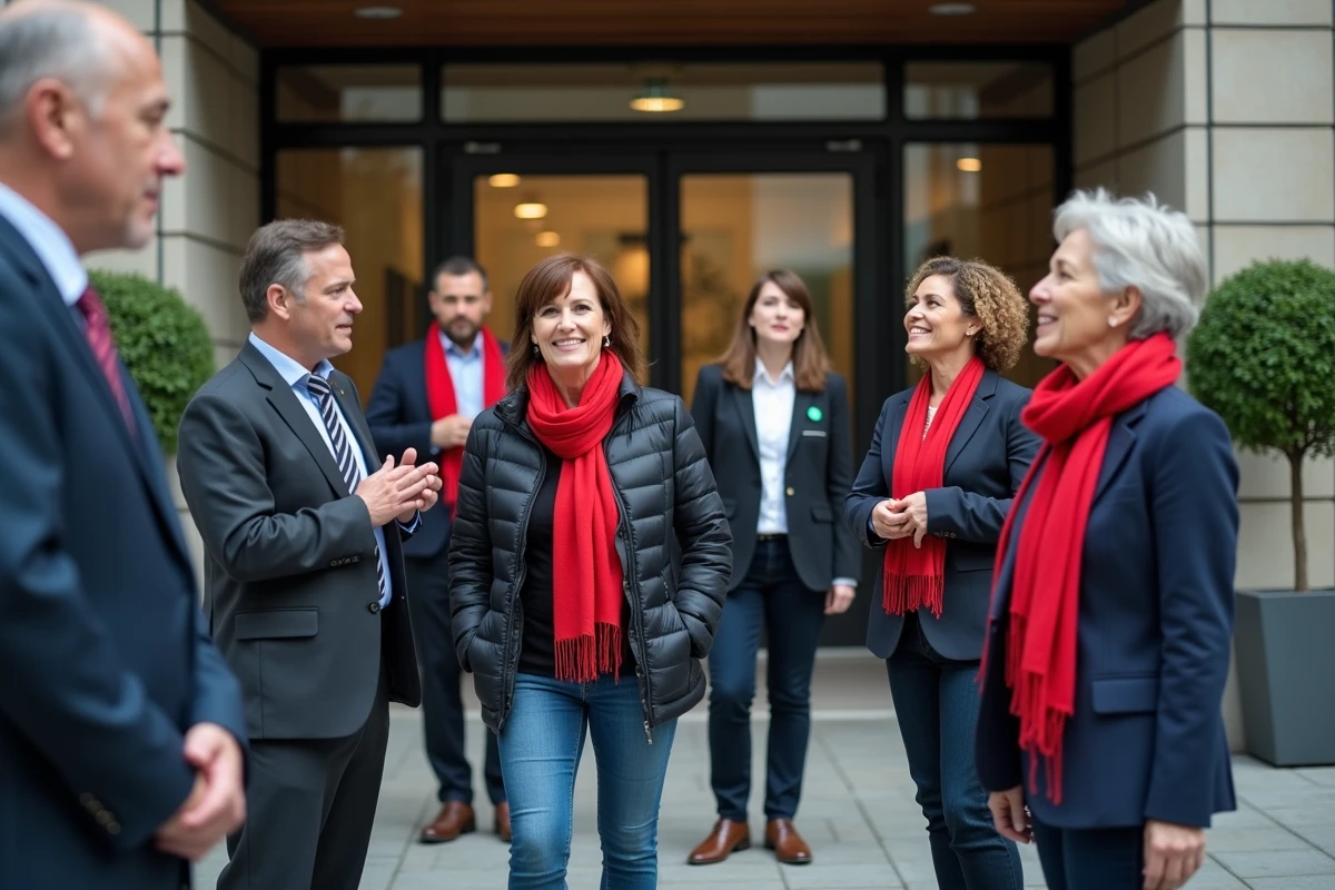 Groupe de salariés discutant devant un bâtiment d