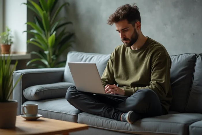 Homme consultant un guide des tailles sur un ordinateur portable pour acheter des vêtements en ligne