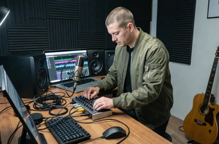 Homme réglant une interface audio et des moniteurs de studio dans un home studio équipé de panneaux acoustiques