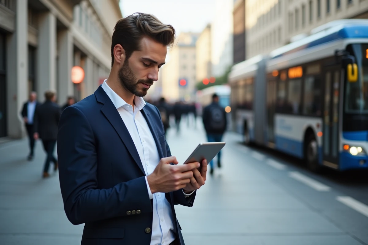 Jeune homme lisant les actualites en ville