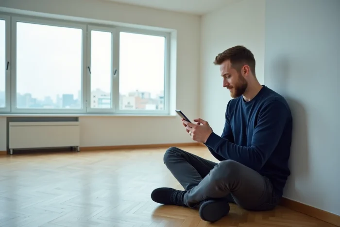 Homme consultant une application immobilière dans un appartement vide lors d'une visite