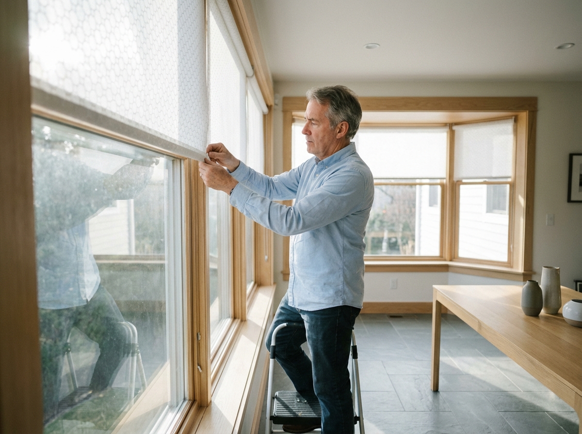 Homme dans une pièce moderne ajustant des stores géométriques
