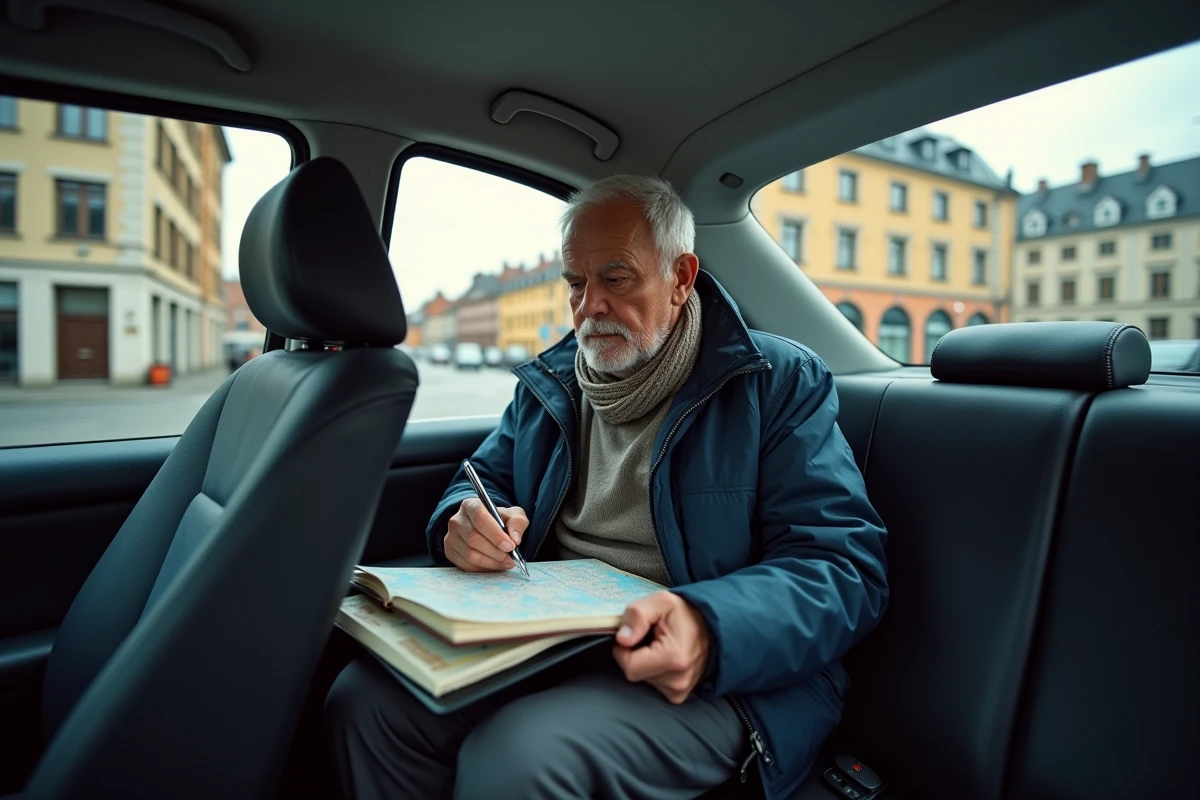 Homme âgé dans un taxi regardant une carte urbaine