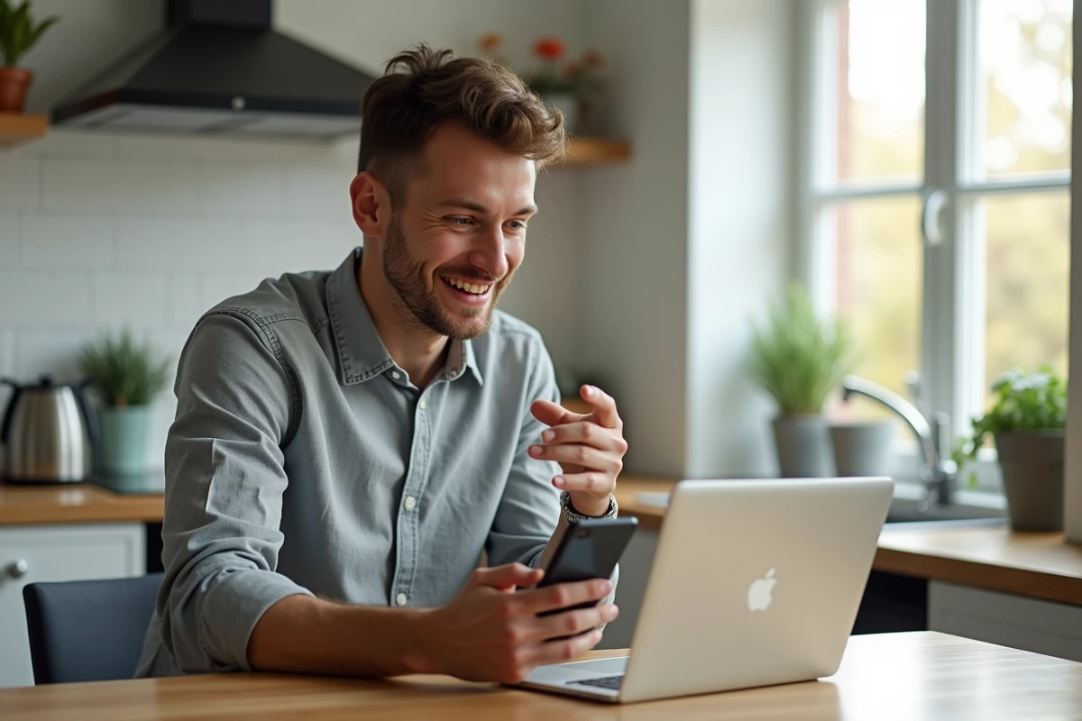 Homme en visioconference dans une cuisine lumineuse et accueillante