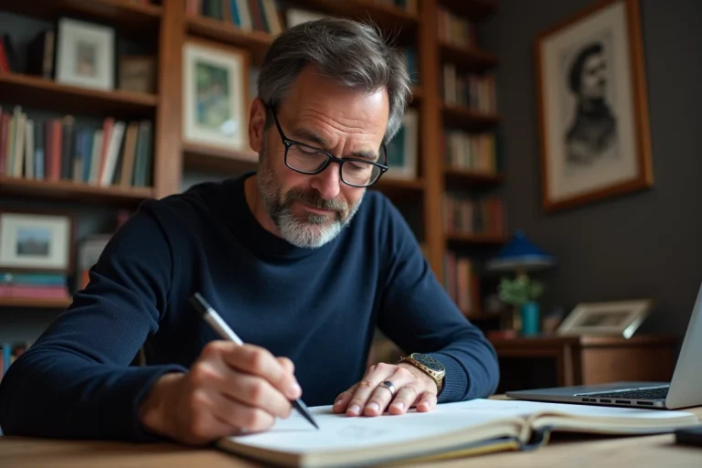 Homme français sketchant dans un bureau cosy et rempli de livres