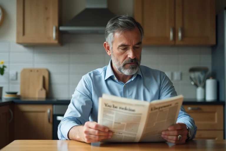 Homme d'âge moyen lisant un journal dans la cuisine