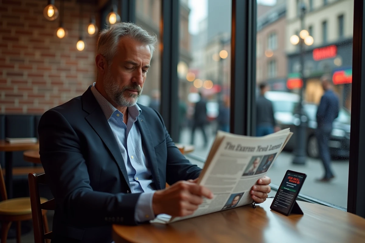Homme lisant journal dans café urbain