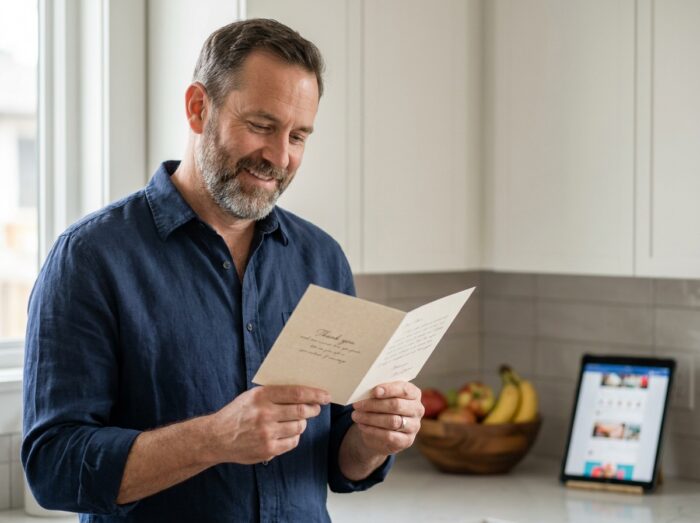 Homme souriant lisant une carte de remerciement dans une cuisine moderne, tablette avec réseaux sociaux en arrière-plan