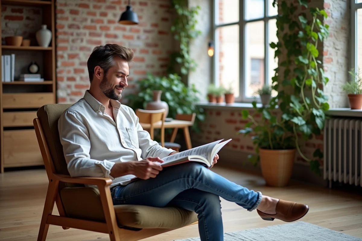 Jeune homme lisant un magazine dans un loft lumineux et décoré