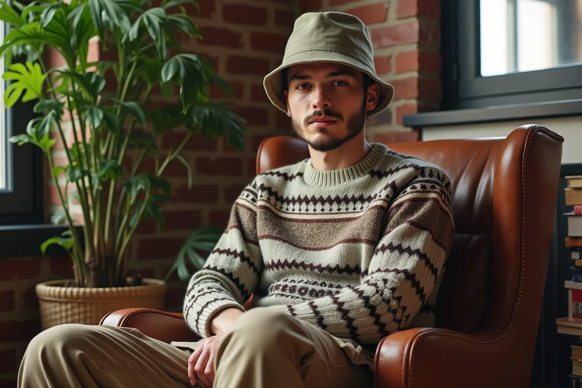 Homme en pull et chapeau dans un loft lumineux