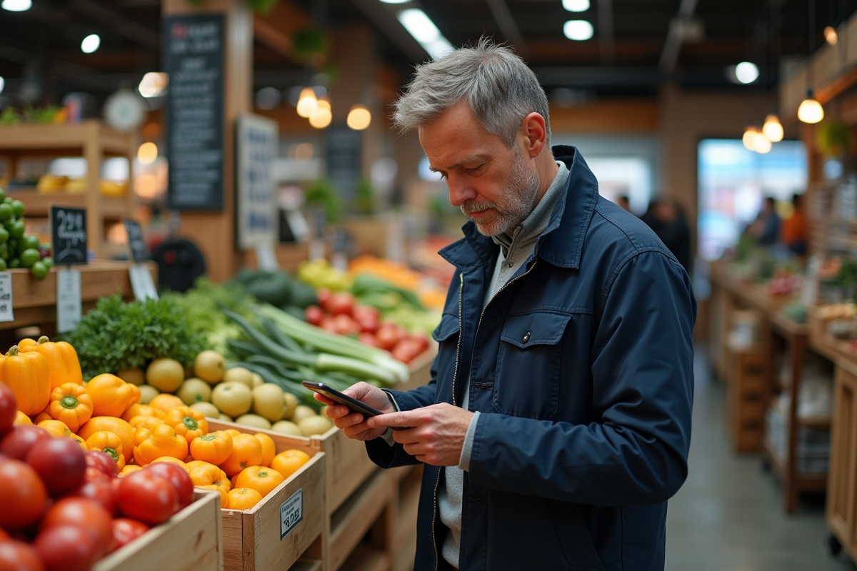 Homme vérifiant sa liste de courses au marché local