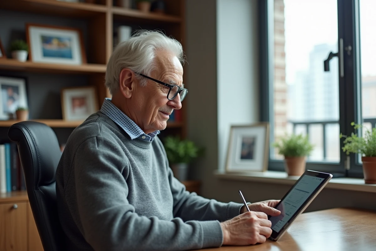 Homme âgé utilisant une tablette dans son bureau calme