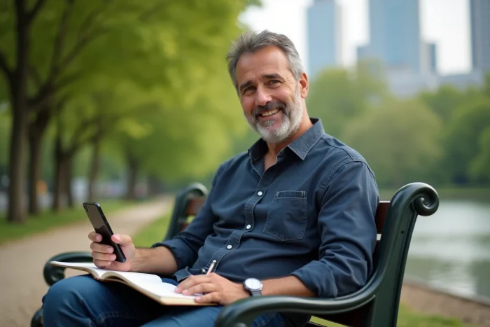 Homme planifiant son indépendance financière dans un parc urbain avec un carnet et une application mobile