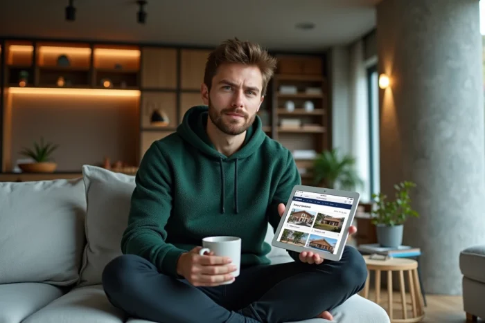 Jeune homme recherchant des biens immobiliers sur une tablette dans un salon moderne