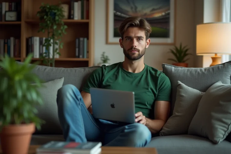 Jeune homme regardant un match de football dans son salon