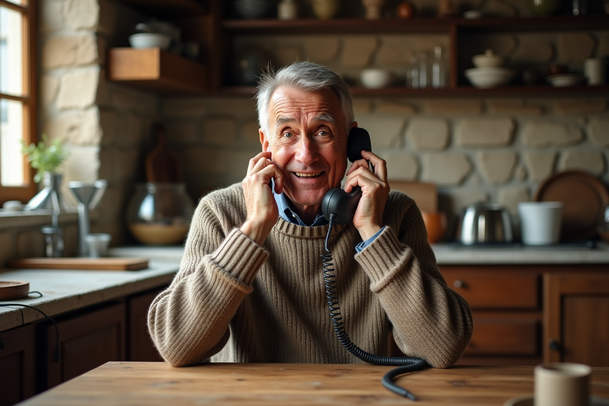 Homme âgé au téléphone dans une cuisine chaleureuse