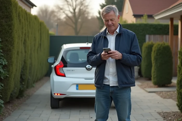 Homme d'âge moyen avec smartphone devant voiture en banlieue