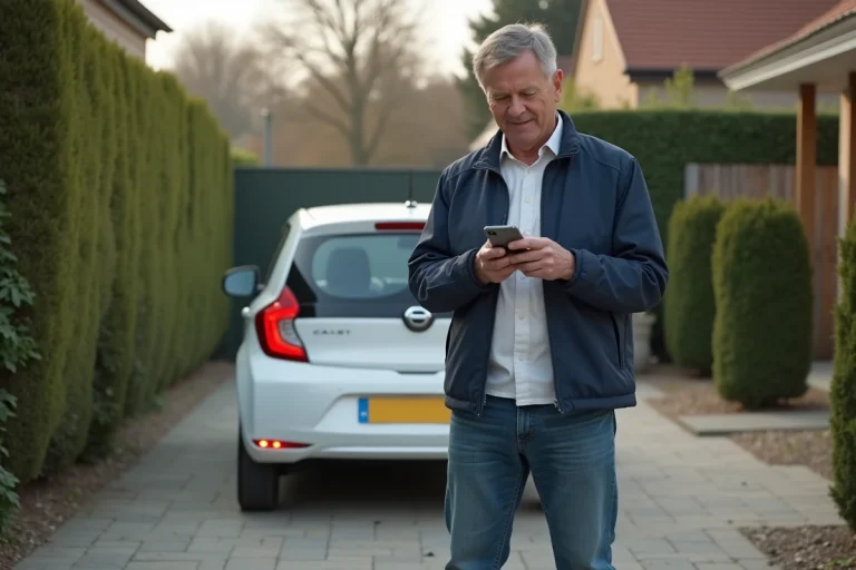 Homme d'âge moyen avec smartphone devant voiture en banlieue